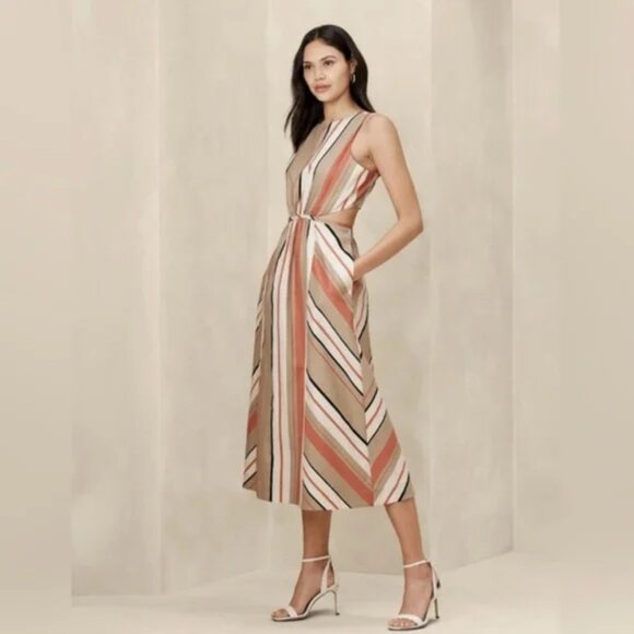 Banana Republic Factory Multi-Stripe Linen Blend Cut-Out Midi Dress Tan Coral 0 - Picture 1 of 7